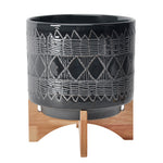 Sagebrook Home Ceramic 11`` Aztec Planter On Wooden Stand, Black