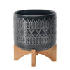 Sagebrook Home 15036-02 8" Ceramic Aztec Planter On Wooden Stand, Black
