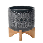 Sagebrook Home 15036-02 8" Ceramic Aztec Planter On Wooden Stand, Black