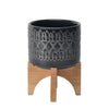 Sagebrook Home 15036-03 5" Ceramic Aztec Planter On Wooden Stand, Black