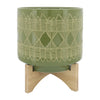 Sagebrook Home 15036-06 Ceramic 10" Aztec Planter On Wooden Stand, Olive