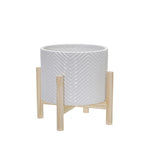Sagebrook Home 8" Ceramic Chevron Planter W/ Wood Stand, White