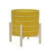 Sagebrook Home 12" Ceramic Striped Planter W/ Wood Stand, Yellow