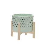 Sagebrook Home 15073-01 8" Ceramic Dotted Planter with Wood Stand, Green