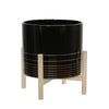 Sagebrook Home 15075-01 12" Ceramic Metallic Planter with Wood Stand, Black