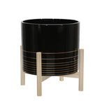 Sagebrook Home 15075-01 12" Ceramic Metallic Planter with Wood Stand, Black