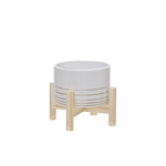 Sagebrook Home 15076-03 6" Ceramic Metallic Planter with Wood Stand, White