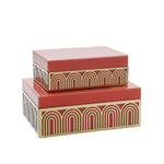 Sagebrook Home 15378-01 8"/9" Wood Box with Arch Design, Coral/Gold, Set of 2
