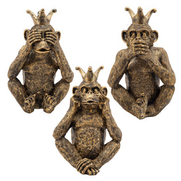 Sagebrook Home Set of 3 No Speak, Hear Or See Monkeys W/ Crown, Gold