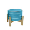 Sagebrook Home   6" Striped Planter W/ Wood Stand, Skyblue