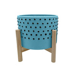 Sagebrook Home 15903-01 10" Dotted Planter with Wood Stand, Blue