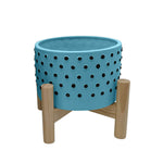 Sagebrook Home   8`` Dotted Planter W/ Wood Stand, Blue