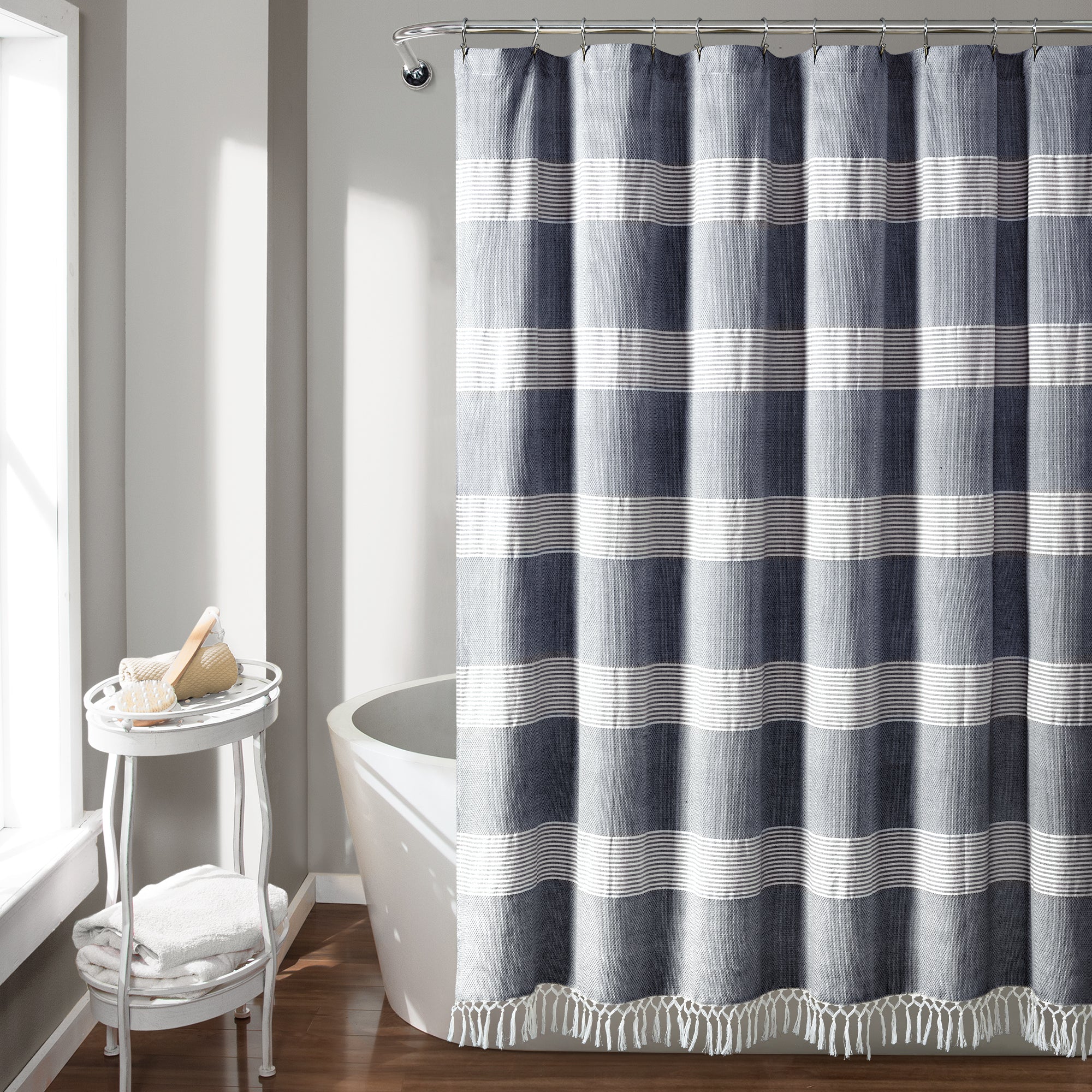 Yellow Shower Curtain for Bathroom Stripe Tassel Cotton Linen (Yellow)