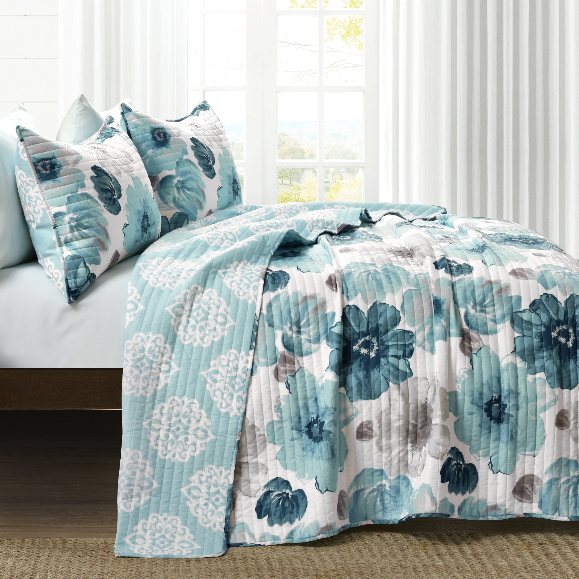 Blue & Teal Floral 3 Piece Bedding Quilt Set