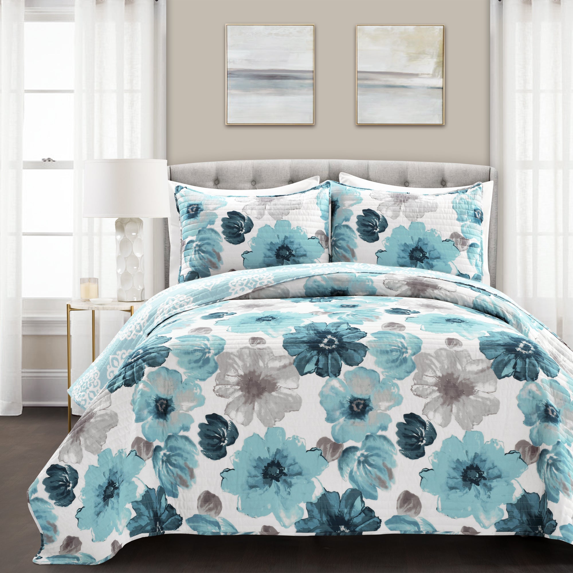 Blue & Teal Floral 3 Piece Bedding Quilt Set