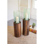 Kalalou NSE1063  Recycled Wooden Pedestals with Glass Hurricanes Set of 2