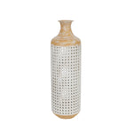 Benzara 22 Inches Metal Vase with Pierced Details, White and Brown