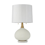 Benzara Glass Table Lamp with Round Base and Carved Diamond Pattern, White
