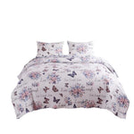Benzara 3 Piece Queen Size Quilt Set with Lily and Butterfly Print, Multicolor