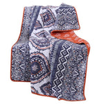 Benzara Thelon Fabric Throw Quilt with Chevron and Floral Prints, Gray and Blue