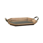 Benzara Geometric Tray with Mirror Inlay and Metal Handles, Brown and Silver