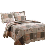 Benzara Douro Fabric 3 Piece Queen Quilt Set with Scalloped Ends and Patchwork, Brown