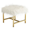Benzara Faux Fur Upholstered Metal Frame Accent Stool, White and Gold