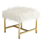 Benzara Faux Fur Upholstered Metal Frame Accent Stool, White and Gold