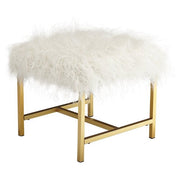 Benzara Faux Fur Upholstered Metal Frame Accent Stool, White and Gold