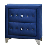 Benzara Velvet Upholstered 2 Drawer Wooden Nightstand with Faux Crustal Knobs, Blue