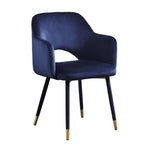 Benzara Velvet Padded Accent Chair with Open Back and Angled Legs, Blue and Gold
