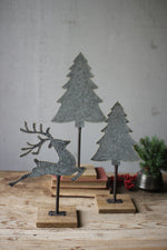 Kalalou NPV1222 Set of Three Galvanized Trees and Deer w Brass Dot Detail