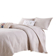 Benzara 3 Piece Microfiber Full Size Quilt Set with Geometric Print, Cream