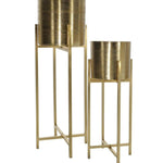 Benzara Round Metal planter with X Shaped Tubular Stand, Set of 2, Brass