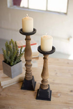 Kalalou CMN1423 Set Of Two Black And Natural Wooden Candle Stands