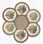 Herb-themed printed round trivets 10x10 inches in basket