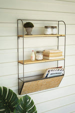 Kalalou CQ7546 Metal And Wood Wall Shelf With Woven Bamboo Magazine Rack