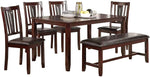 Benzara 6 Piece Wooden Dining Set with Leatherette Padded Chair and Bench, Brown