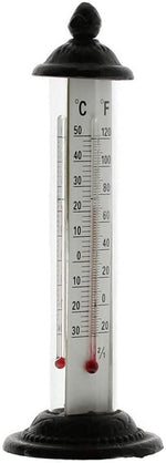 Benzara 8 Inch Metal Garden Thermometer with Finial Top, Brown
