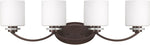 Prudence, Transitional 4 Light Rubbed Bronze Bath Vanity Wall Fixture White Etched Glass 31`` Wide