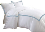 Benzara Larvik 3 Piece Cotton King Duvet Set with Satin Band, Blue and White