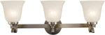 Avaline, Transitional 3 Light Brushed Nickel Bath Vanity Wall Fixture White Alabaster Glass 25.5`` Wide