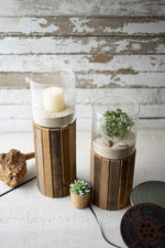 Kalalou CLNR1025 Glass Hurricane Lantern with Recycled Wood Base, Set of Two