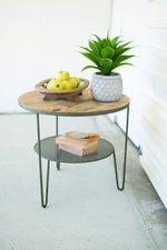 Kalalou CQ7435 Recycled Wood Round Side Table With Perforated Metal Shelf