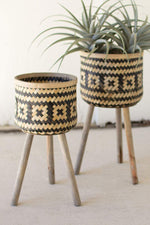 Kalalou CNMR1057 Set Of Two Woven Blk & Nat Bamboo Plant Stands with Wood Legs