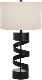 Benzara Metal Table Lamp with Spiral Design Body and Fabric Shade, Black