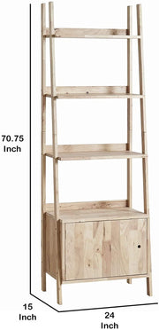 Benzara Three Tier Wooden Ladder Shelf with Storage Compartment, Light Brown