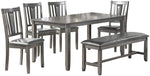 Benzara 6 Piece Wooden Dining Set with Leatherette Padded Chair and Bench, Gray