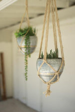 Kalalou NKC4105 Set Of Two Hanging Galvanized Planters With Woven Jute Rope