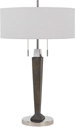 Benzara Wooden Body Desk Lamp with Fabric Drum Shade and Metal Base,White and Brown